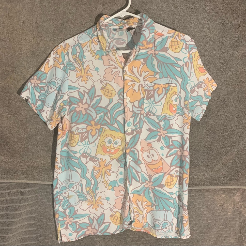 SpongeBob SquarePants Shirt Mens Medium Cartoon Hawaiian Short Sleeve Button Up